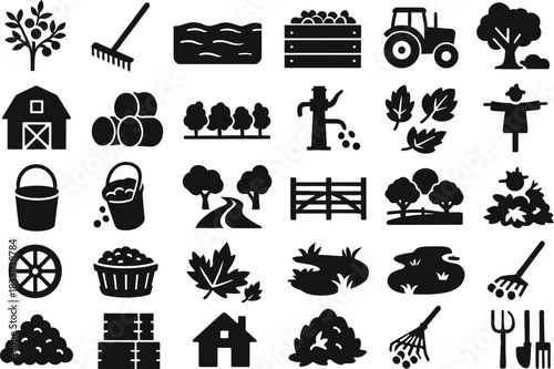 30 Cranberry Bog Silhouette Icons – Massachusetts Harvest – On White Background