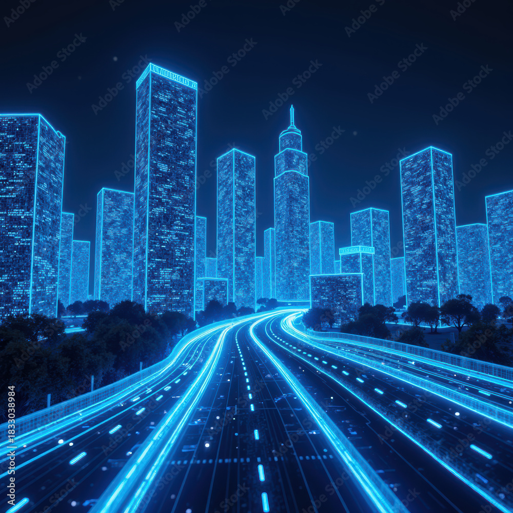 Fototapeta premium Futuristic city skyline with glowing skyscrapers and illuminated roadways, creating vibrant and dynamic atmosphere