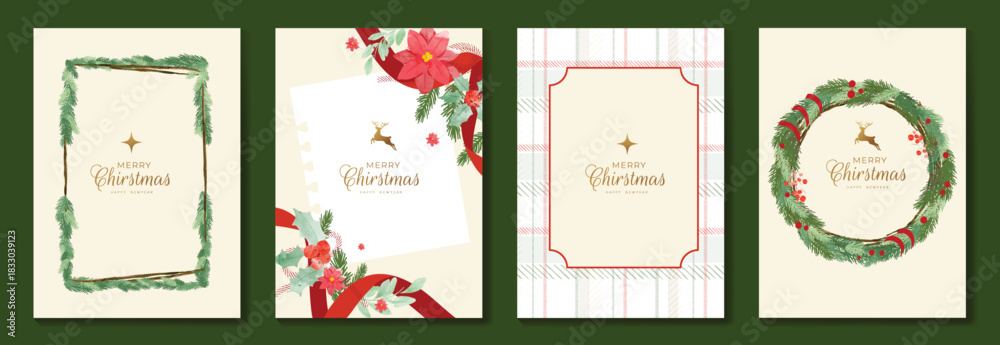Obraz premium Christmas greeting card vector illustration with Happy New Year and Happy Holiday in cream and red vintage design featuring ribbons, ornaments, holly leaves and pine branches.