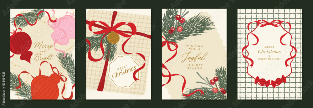 Naklejka premium Christmas greeting card vector illustration with Happy New Year and Happy Holiday in cream and red vintage design featuring ribbons, ornaments, holly leaves and pine branches.