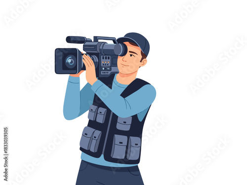 Professional cameraman holding a video camera on his shoulder. Vector illustration of a videographer at work, isolated on a white background