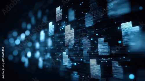 A digital abstract image showcasing glowing blue and white patterns, evoking a sense of technology and data flow.