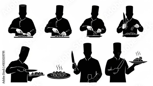 Chef Silhouette Vector Set — Cutting, Garnishing, Plating, Presenting Dish, Culinary Cook Illustration

