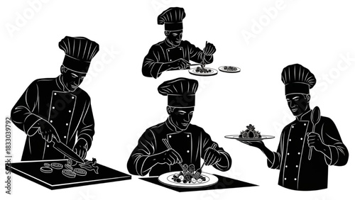 Chef Silhouette Vector Set — Cutting, Garnishing, Plating, Presenting Dish, Culinary Cook Illustration

