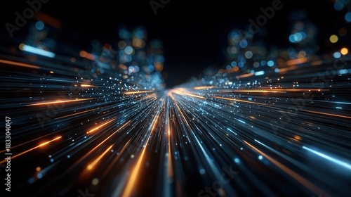 A dynamic, abstract digital image showcasing vibrant light streaks and particles, creating a sense of speed and motion in a futuristic environment.