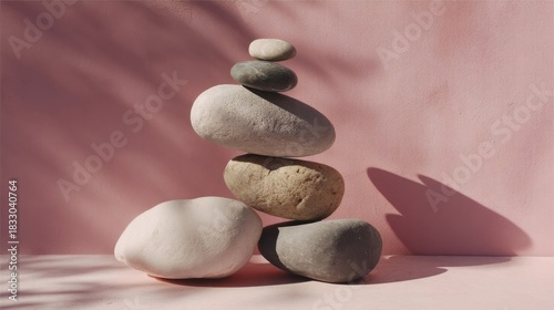 A balanced stack of polished smooth pebbles in various shades of white, light gray, dark grey,