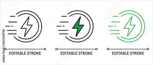 Quick Charge Technology Linear Vector Icon. Thin line customizable illustration of an electric vehicle recharging station. Contour symbol, vector isolated outline drawing with an editable stroke.