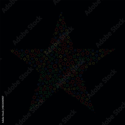 Festive star made of colorful squares and stars against a dark background symbolizing celebration achievements and holiday spirit for graphic design projects
