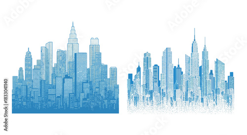 City skyline illustration in blue tones featuring a dense collection of skyscrapers and urban architecture creating a modern cityscape