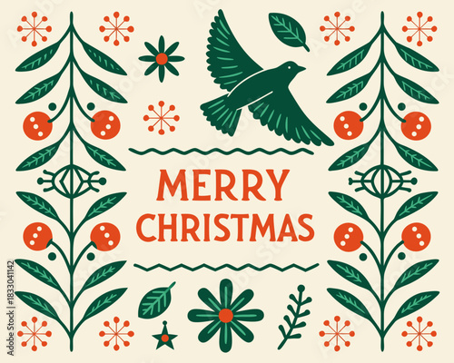Merry christmas greeting card with dove and festive foliage design