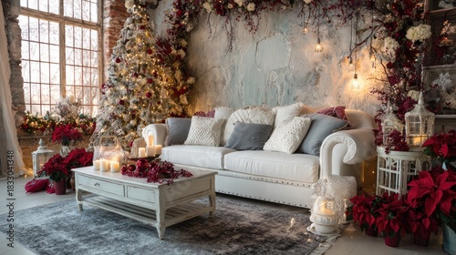 Stylish interior of Christmas arrangement with Christmass tree, white sofa and festive decorations and accessories, Generative Ai