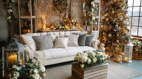 Stylish interior of Christmas arrangement with Christmass tree, white sofa and festive decorations and accessories, Generative Ai