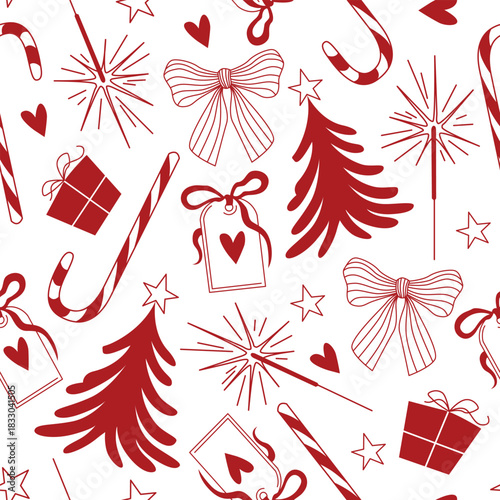 Hand-drawn seamless Christmas pattern with Christmas tree and bow, gift and sparkle and stars and candy cane in red color