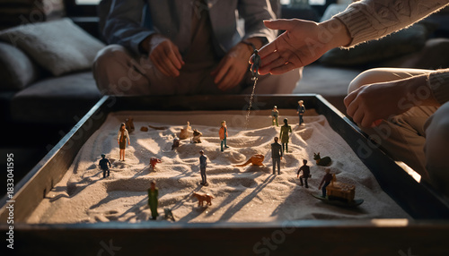 Sandtray Therapy Session People Interacting with Miniature Figures in a Sand Tray, Mental Health and Wellness Concept