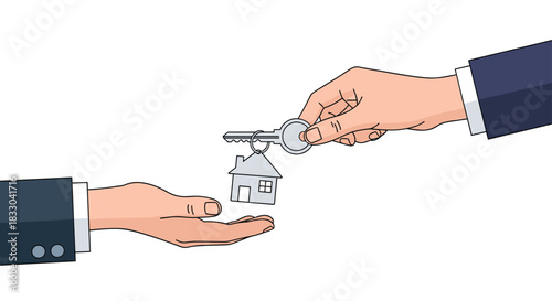 Real estate transaction concept showing one hand giving a house key with a home-shaped keychain to another person's open hand.