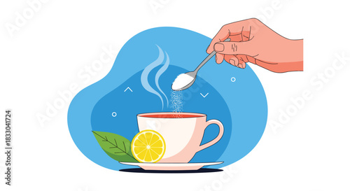 Hand holding a spoon and pouring sugar into a steaming hot cup of tea with a lemon slice and leaf on a blue background.