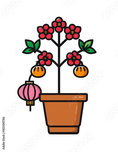 Potted Chinese New Year Plant with Lantern and Oranges.