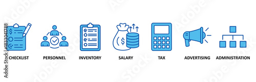 Cost reduction banner web icon set In Blue Style vector illustration foricon of checklist, personnel, inventory, salary, tax, advertising and administration