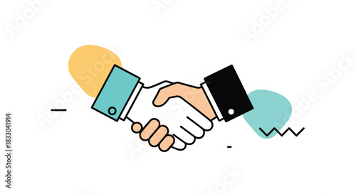 Modern flat line icon of a handshake, symbolizing partnership, agreement, and business deals, with colorful abstract background shapes.