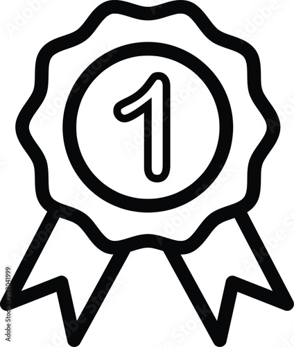 Black and white outline illustration of a first place award badge featuring a bold number one inside a ribbon-shaped emblem