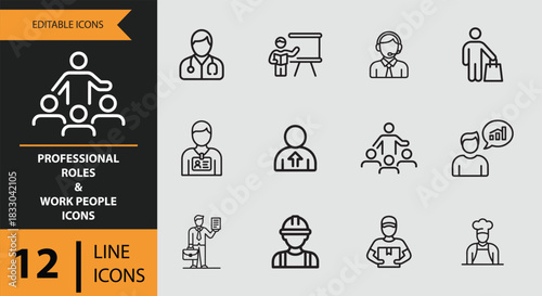 12 Professional Roles and Work People Icons outline icon set.eps. Outline work people icons for job roles and professions