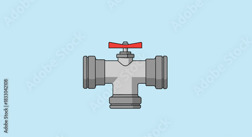 Simple cartoon illustration of a three-way pipe fitting or valve with a red handle, set against a plain light blue background.