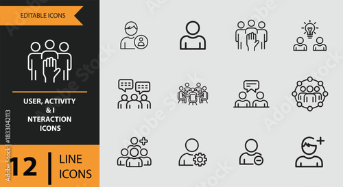 12 User Activity and Interaction Icons outline icon set.eps. Outline user activity icons for interaction engagement and actions