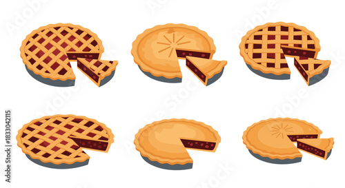 Set of six delicious-looking fruit pies with various crust designs, some whole and some with a single slice removed for serving.