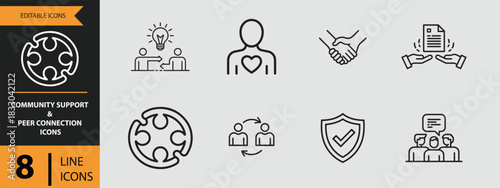 8 Community Support and Peer Connection Icons outline icon set.eps. Outline peer connection icons for community support and interaction