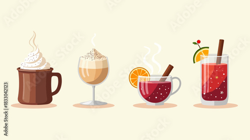 Flat Lay Illustration of Steaming Christmas Mulled Wine and Coffee Drinks