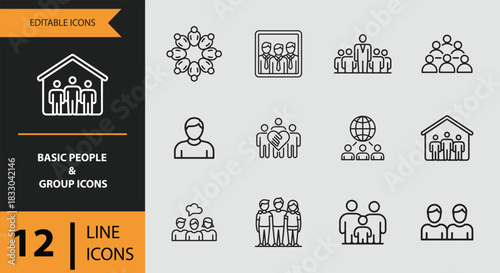 12 Basic People and Group Icons outline icon set.eps. Outline people group icons for team community and social roles