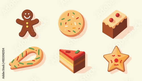 Flat Design Illustrations of Christmas Holiday Sweets and Cake