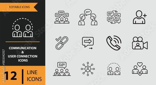 12 Communication and User Connection Icons outline icon set.eps. Outline communication icons for user connection and interaction