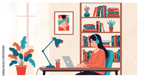 Cozy scene of a woman with headphones working or studying on a laptop at her desk in a home office with a bookshelf.