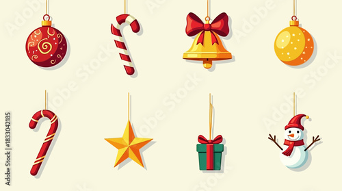 Simple Christmas Icons: Candy Cane, Bell, Star, Gift, and Candle