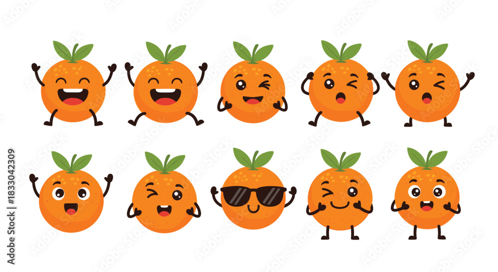 Fototapeta premium Set of cute and funny orange fruit cartoon characters with various expressions, including smiling, winking, and wearing sunglasses.