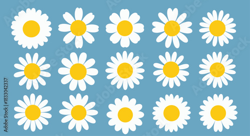 Set of fifteen simple and cute daisy or chamomile flower icons with various petal shapes against a solid light blue background.