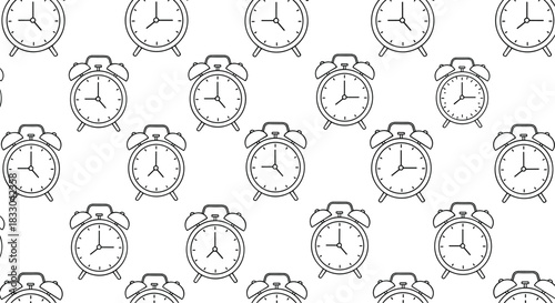 Seamless repeating background pattern of simple black outline alarm clocks on a clean white backdrop, suitable for any design.