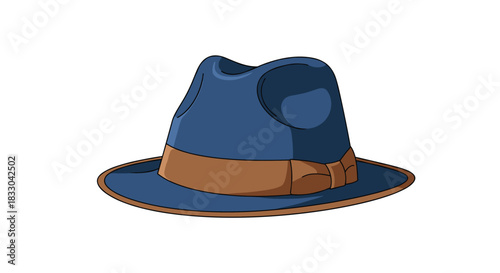 Classic blue fedora hat with a brown band, illustrated in a simple and clean cartoon style on a plain white background.