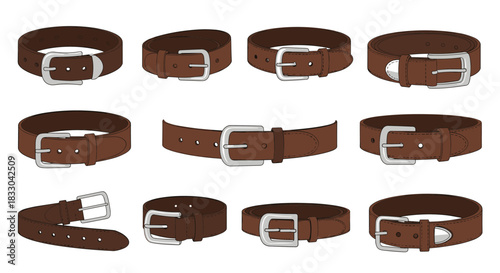 Collection of classic brown leather belts with silver buckles shown from various angles, including fastened and unfastened styles.