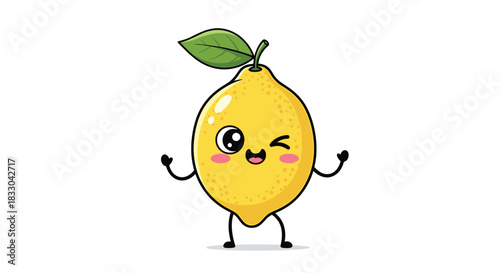 Adorable kawaii lemon fruit character winking and smiling, a cute and cheerful cartoon mascot isolated on a white background.