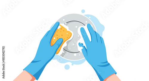 Top-down view of hands wearing blue protective rubber gloves washing a plate with a soapy sponge, representing cleaning and chores.