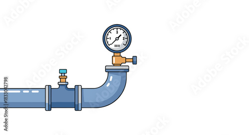 Industrial pipeline with a pressure gauge or manometer and a valve for measuring and controlling fluid flow and pressure.
