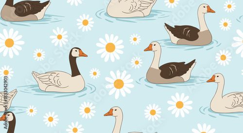 Charming seamless pattern of cute geese and ducks swimming in a blue pond filled with beautiful white and yellow daisy flowers.