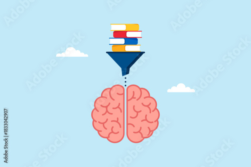 Flat illustration of books flowing through funnel into brain symbolizing knowledge learning and education