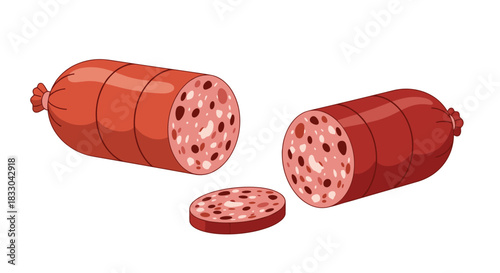 Sliced salami or bologna sausage, a delicious meat product for sandwiches and appetizers, isolated on a white background.