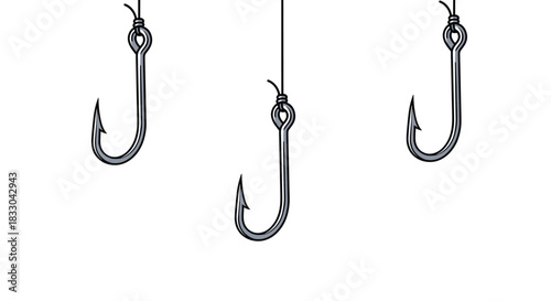 Three sharp metal fishing hooks hanging on fishing lines, a simple illustration for angling, hobbies, and catching fish concepts.
