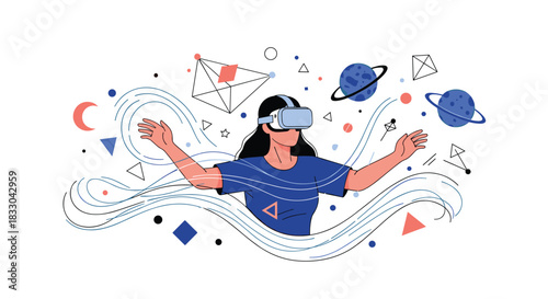 Woman wearing a VR headset and interacting with a digital world of planets and shapes, exploring the metaverse and virtual reality.