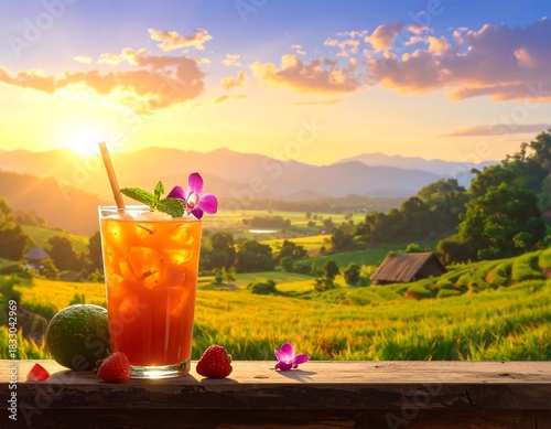 Refreshing iced tea on wooden table overlooking scenic landscape at sunset