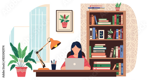 Young woman working or studying from a cozy home office, sitting at a desk with a laptop, books, and house plants in the room.